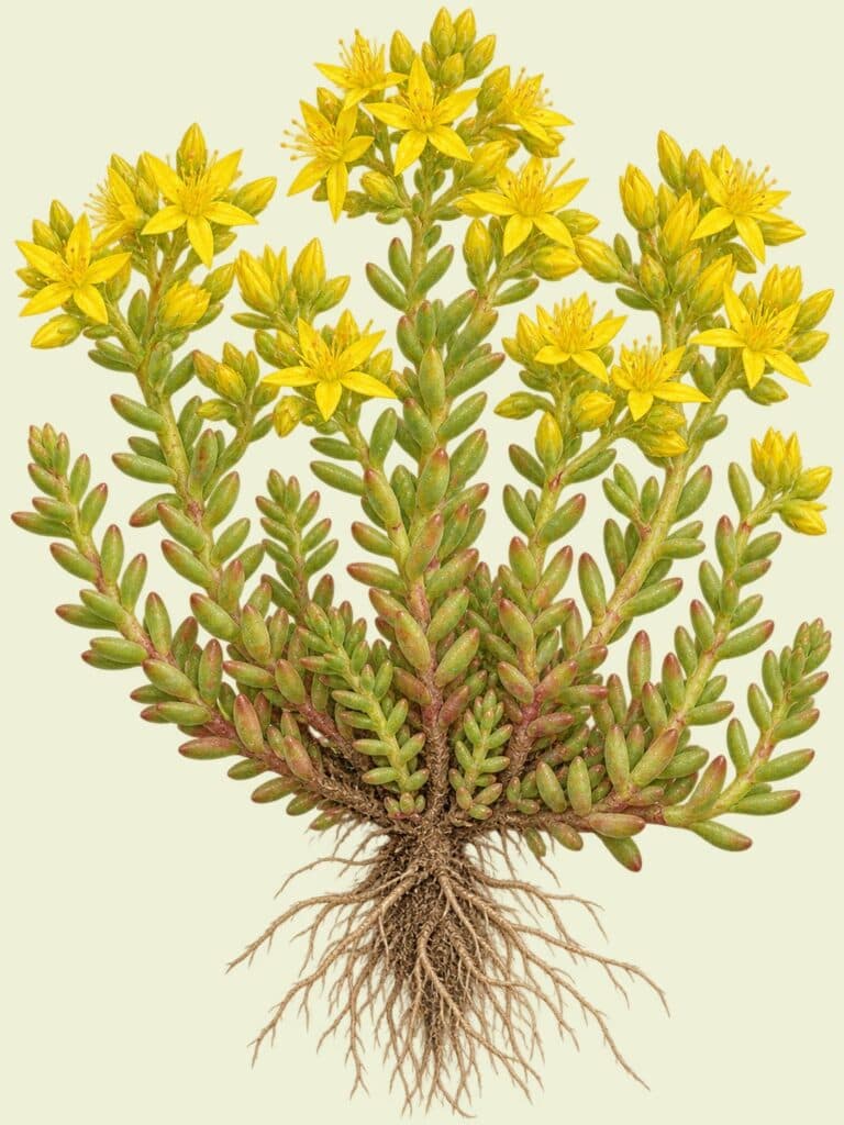 Tablica botaniczna rozchodnika ostrego: zbita darń mięsistych, dachówkowato ułożonych liści, gwiaździste żółte kwiaty i drobny system korzeniowy.