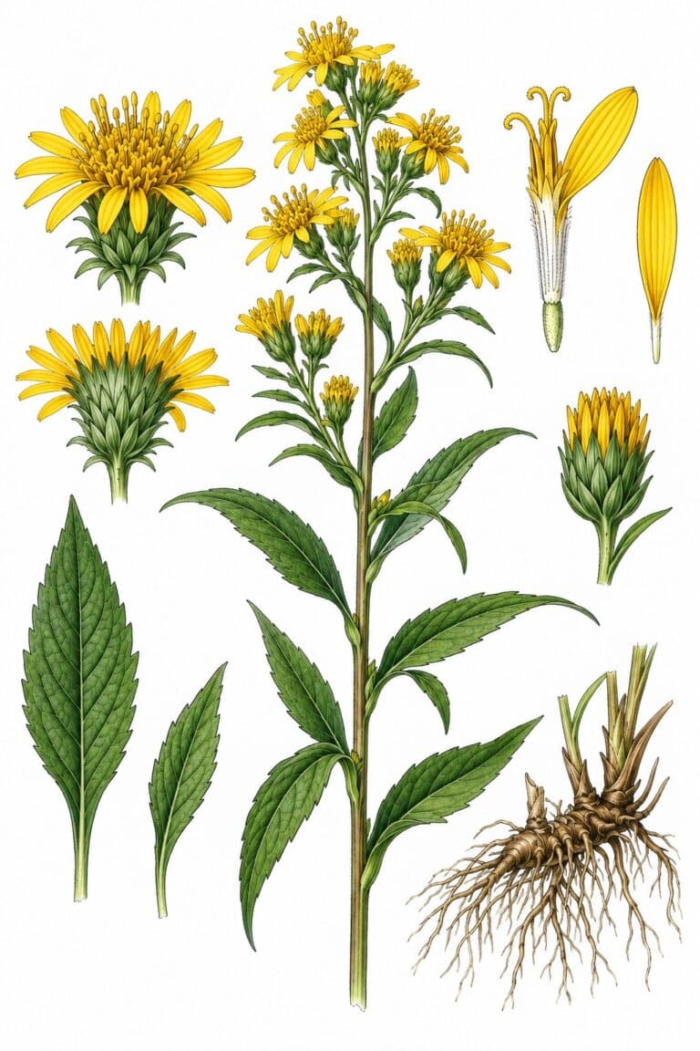 Tablica botaniczna nawłoci pospolitej (Solidago virgaurea): wzniesiona łodyga z lancetowatymi, ząbkowanymi liśćmi, wydłużone grono żółtych koszyczków, kłącze z korzeniami oraz szczegóły kwiatów.