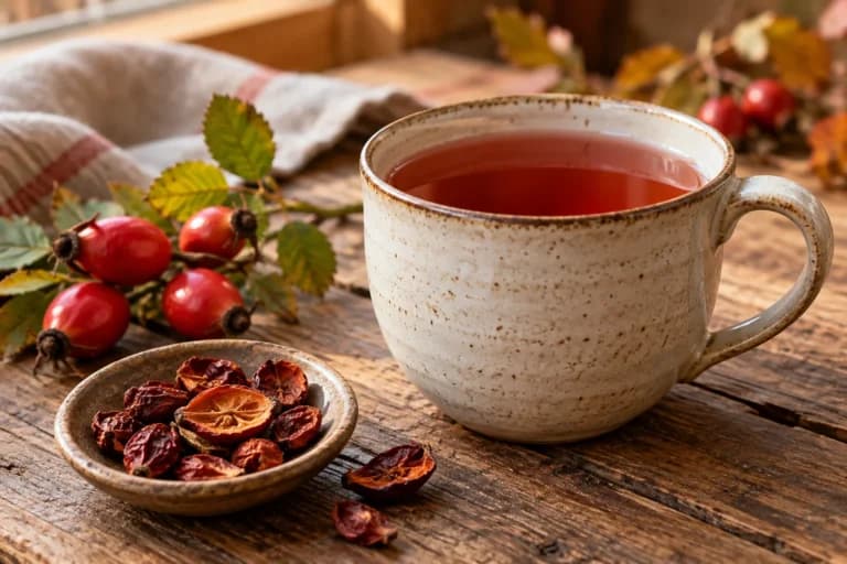 Ceramiczny kubek napoju z dzikiej róży, owoce i oczyszczony susz na drewnianym stole — ilustracja AI