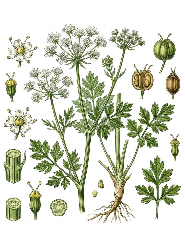 Tablica botaniczna biedrzeńca anyżu: białe kwiaty w baldachach, liście o różnym kształcie — od całobrzegich po pierzaste — korzeń oraz żeberkowane owoce w przekroju i powiększeniu.