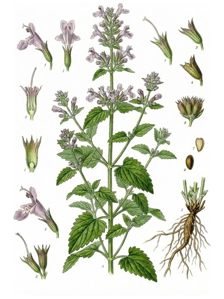Tablica botaniczna kocimiętki: czworokątne pędy z ząbkowanymi, sercowatymi liśćmi i drobne, dwuwargowe kwiaty zebrane w szczytowy kłos.