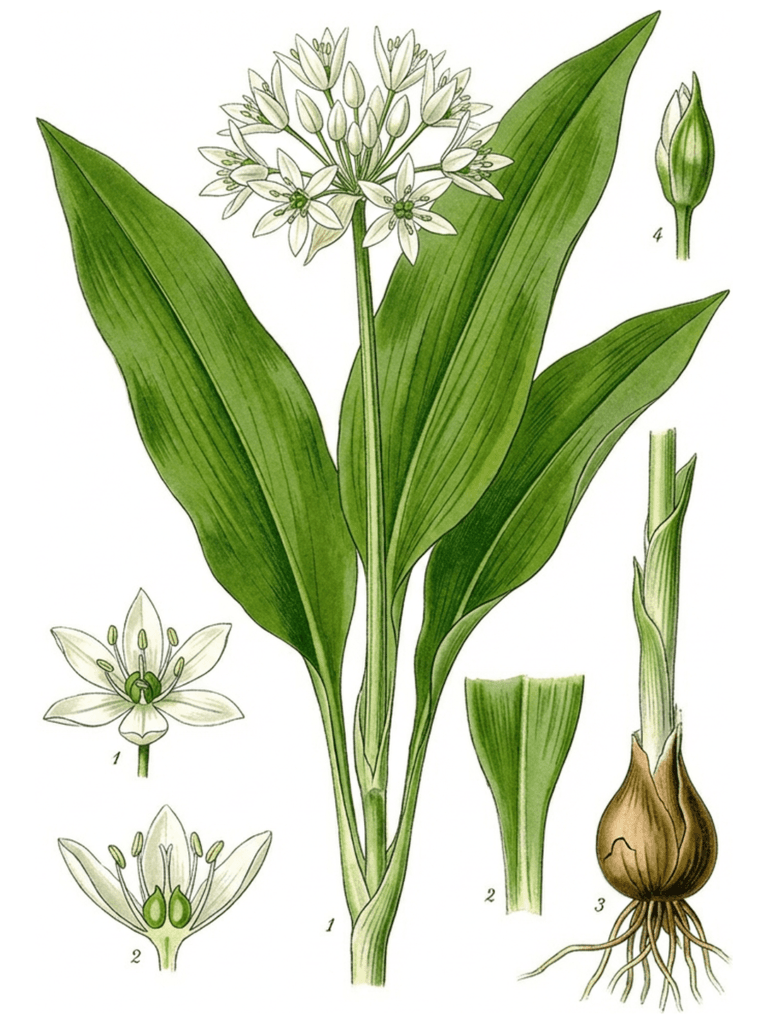 Tablica botaniczna czosnku niedźwiedziego: lancetowate liście odziomkowe, baldach białych gwiaździstych kwiatów oraz cebulka z korzeniami w powiększeniu.