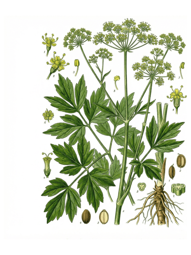 Tablica botaniczna lubczyku ogrodowego: duże pierzaste liście, baldachy drobnych żółtozielonych kwiatów, gruby korzeń oraz owoce w powiększeniu.