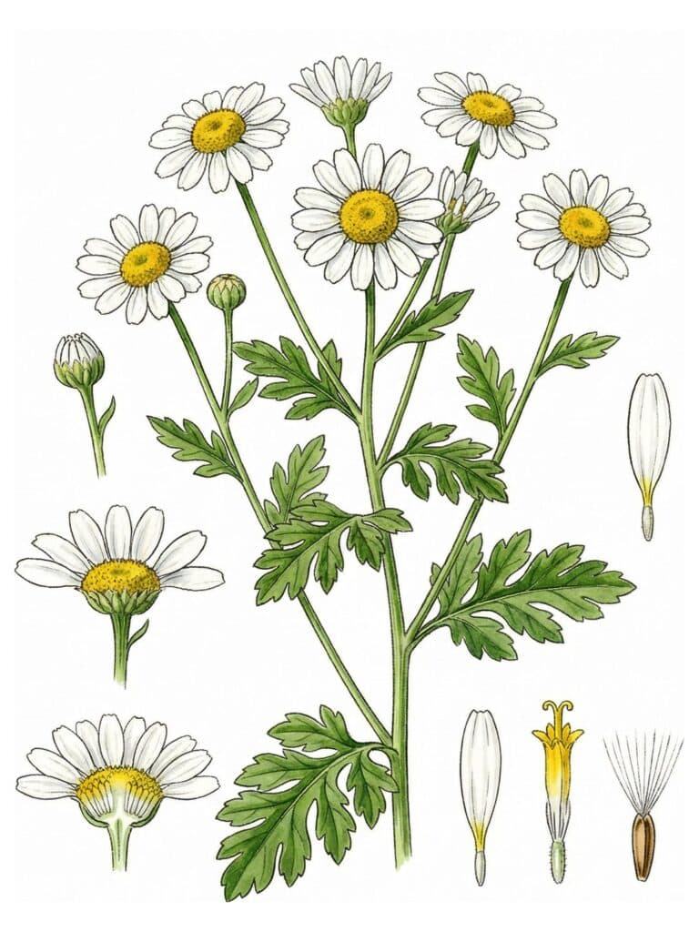 Tablica botaniczna złocienia dalmatyńskiego (Tanacetum cinerariifolium): pierzaste, szarozielone liście i koszyczki o białych kwiatach języczkowych.