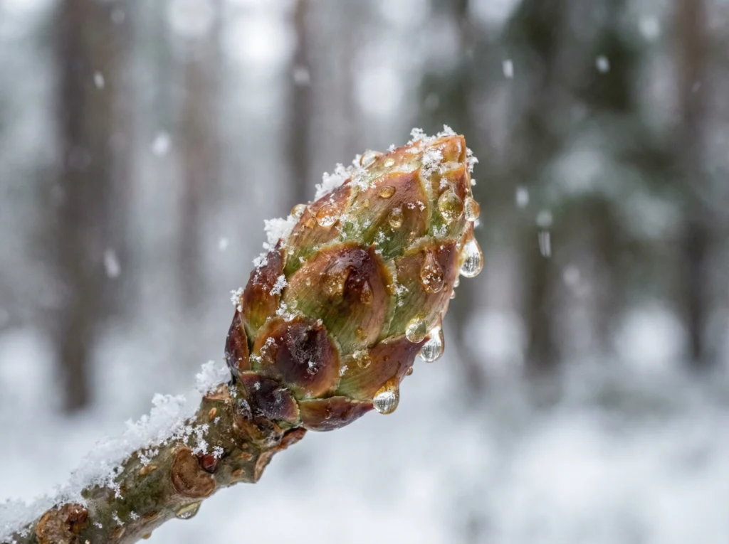Pączki sosny pełne żywicy – surowiec na syrop wykrztuśny.
