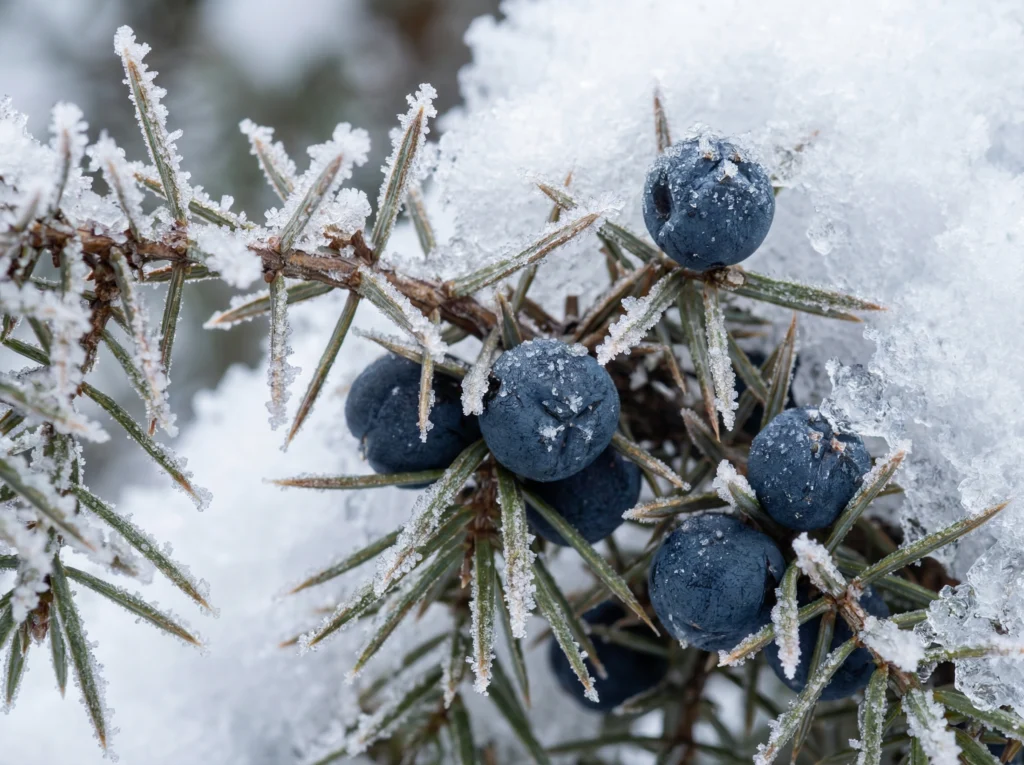Owoce jałowca na krzewie zimą – zbiór szyszkojagód.