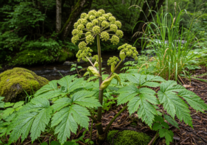 Okazała, wysoka roślina arcydzięgla litwora z dużymi, kulistymi baldachami zielonkawo-żółtych kwiatów, rosnąca na kamienistym brzegu górskiego potoku